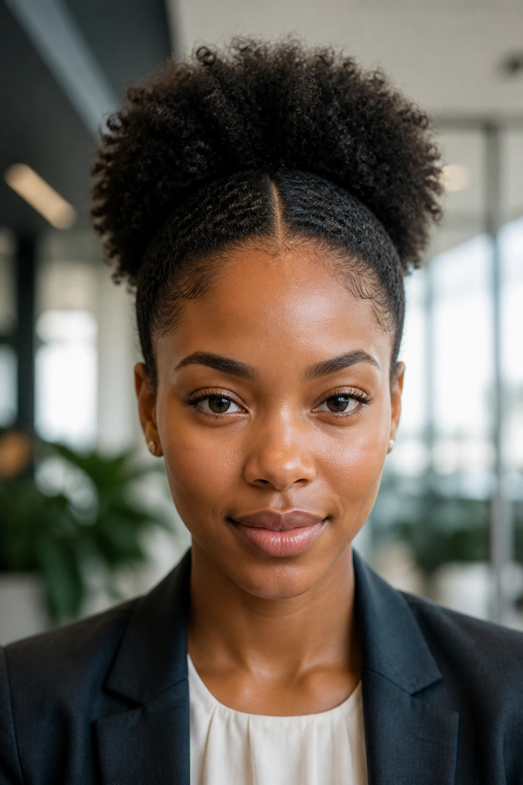 Soft Afro puff with center part on a real woman in an office setting