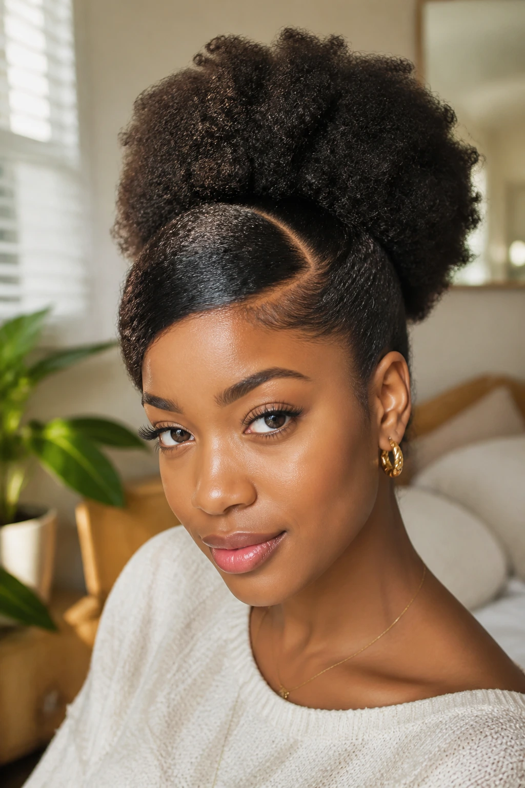 Close-up of a real woman with a deep side-part puff in a sunlit cozy bedroom.