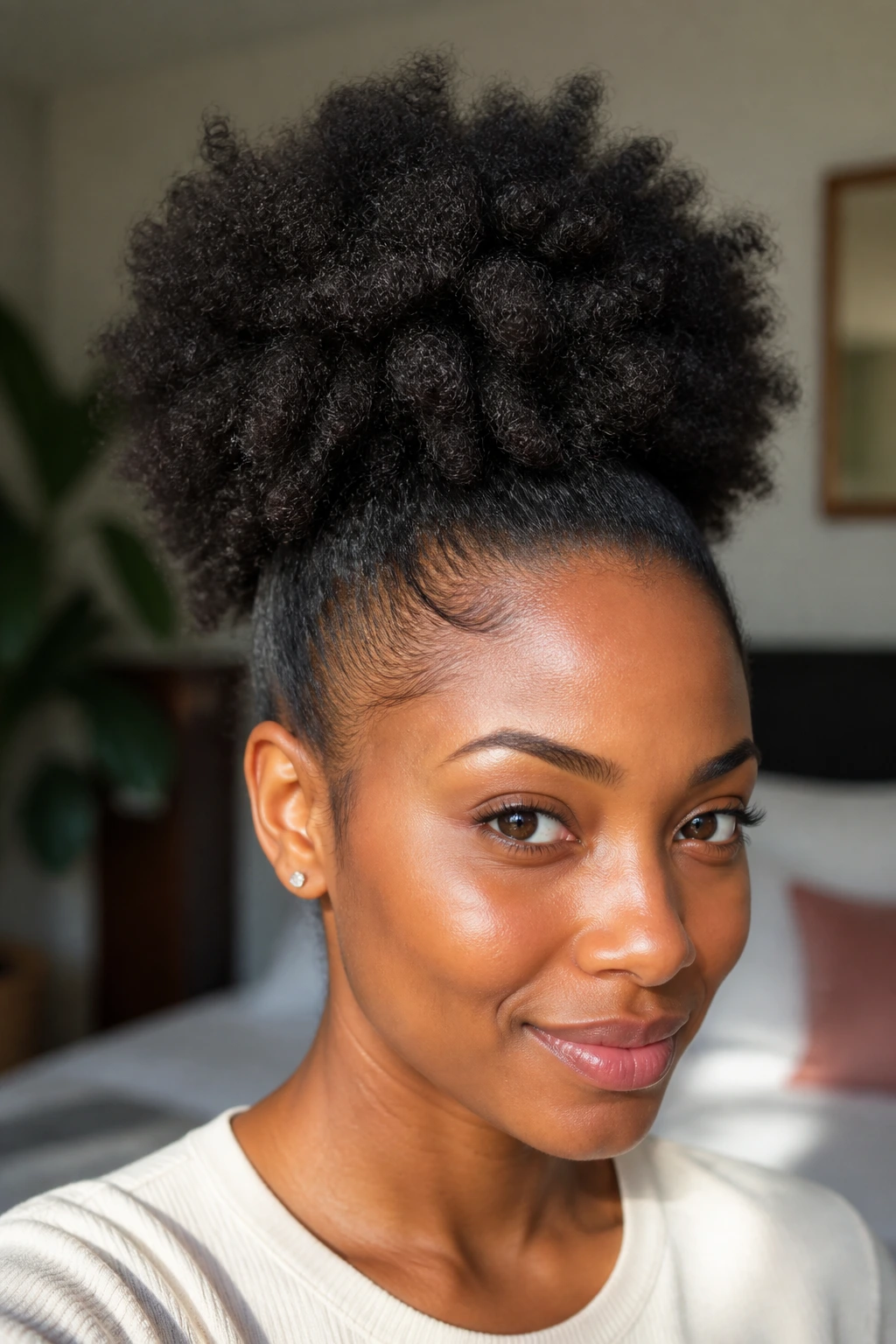 Close-up portrait of a real person with a high afro puff and defined hairline.