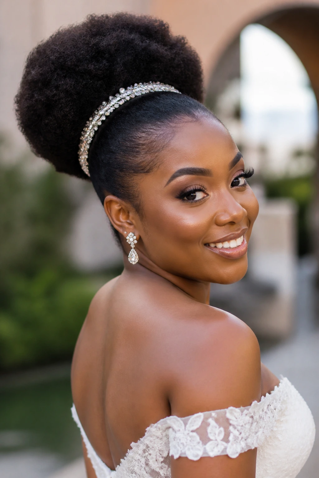 Bride with Afro puff ponytail and jeweled band