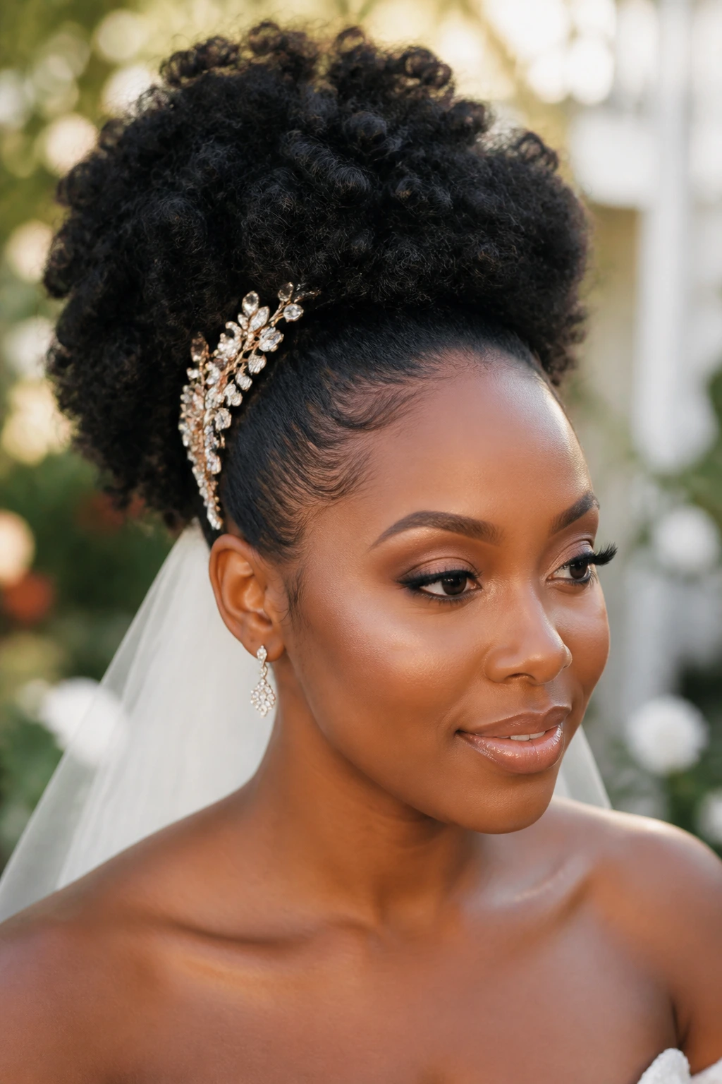 Close-up of a real bride with Afro-Textured Puff with Jeweled Pins, voluminous puff and subtle jewels