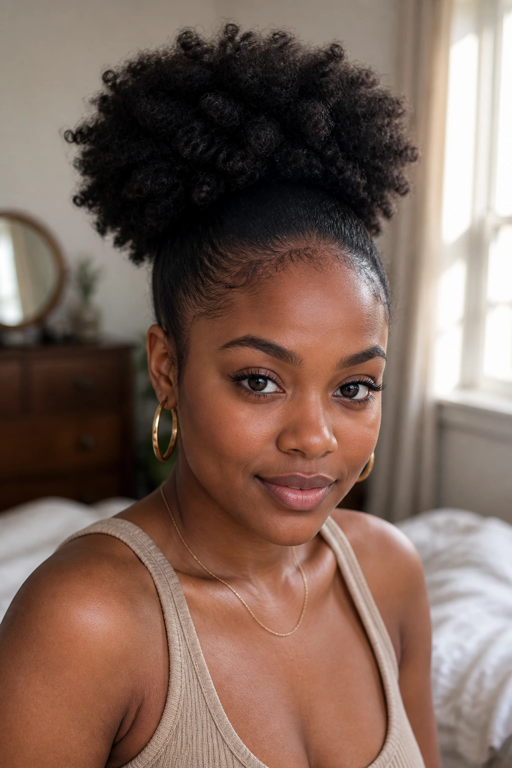 Close-up portrait of a real woman with an afro puff hairstyle at the crown, natural light.