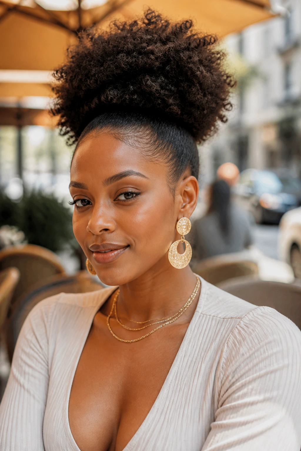 Close-up of real person with high puff and fashionable outfit.