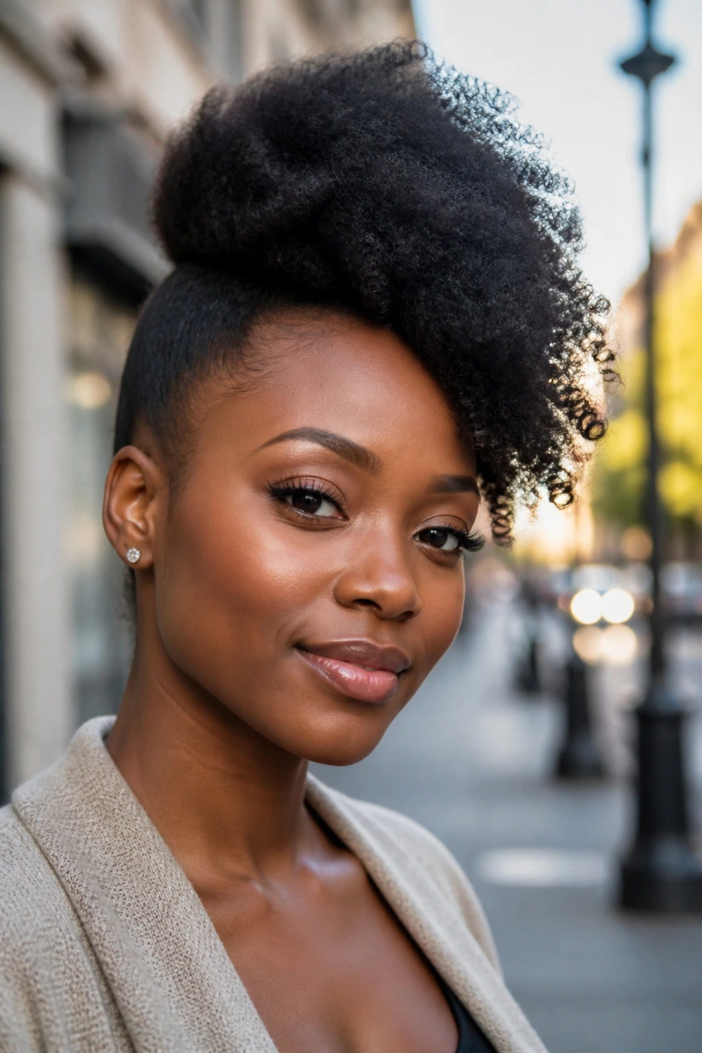 Close-up of a real Black woman with a side-swept afro puff under natural morning light
