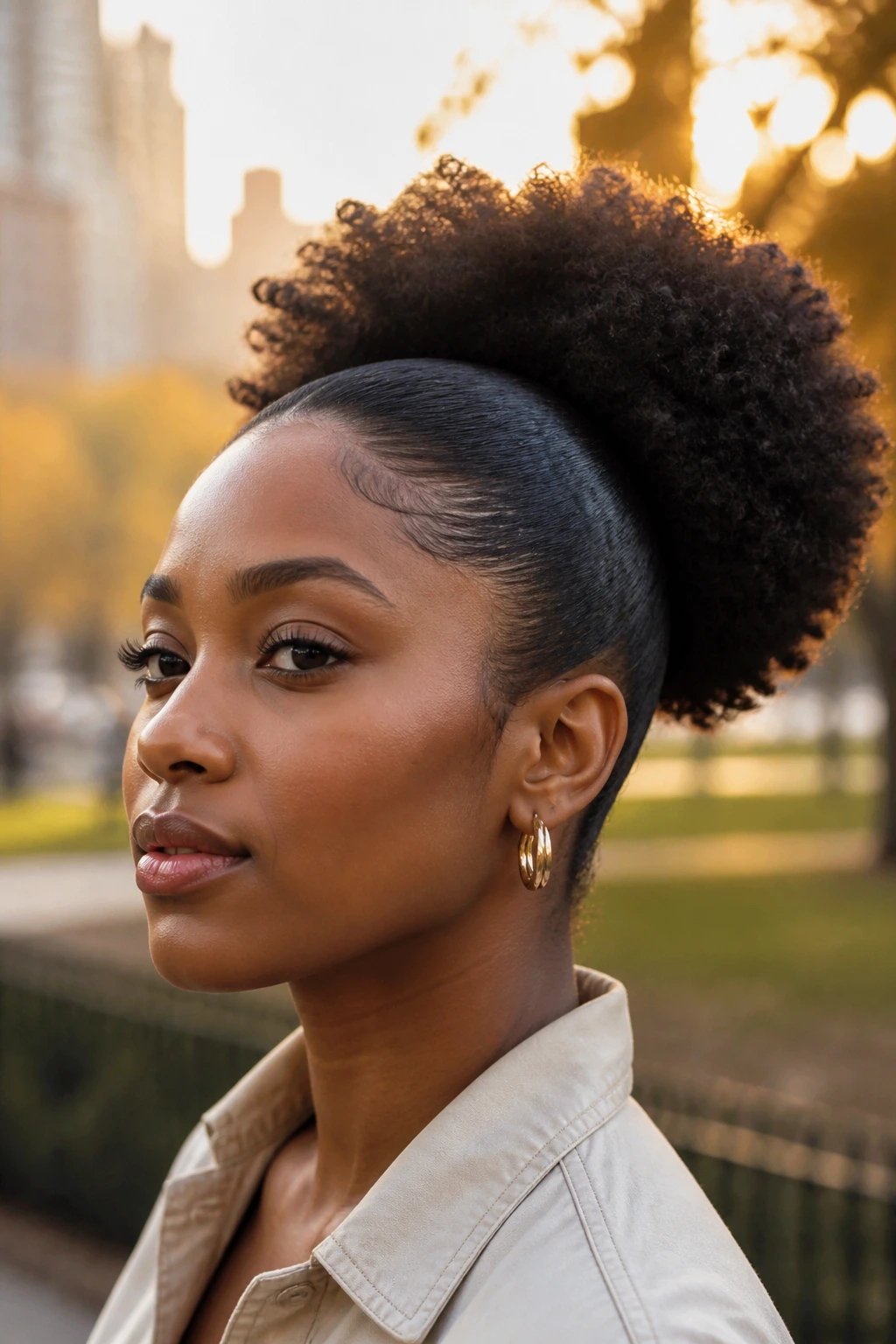 Three-quarter profile portrait of a real person with slicked-back afro puff.