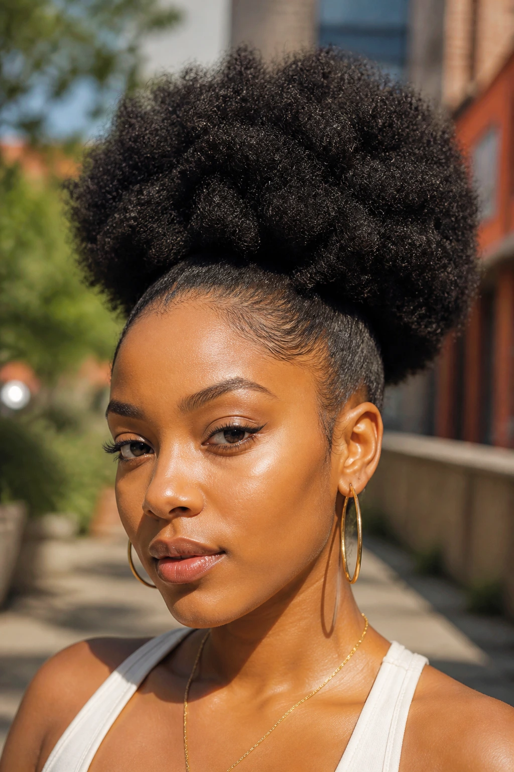 Close-up of a real woman with a sculpted high Afro puff in daylight