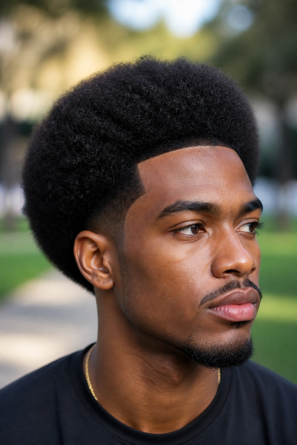Close-up of a man with natural afro shape-up and crisp hairline.