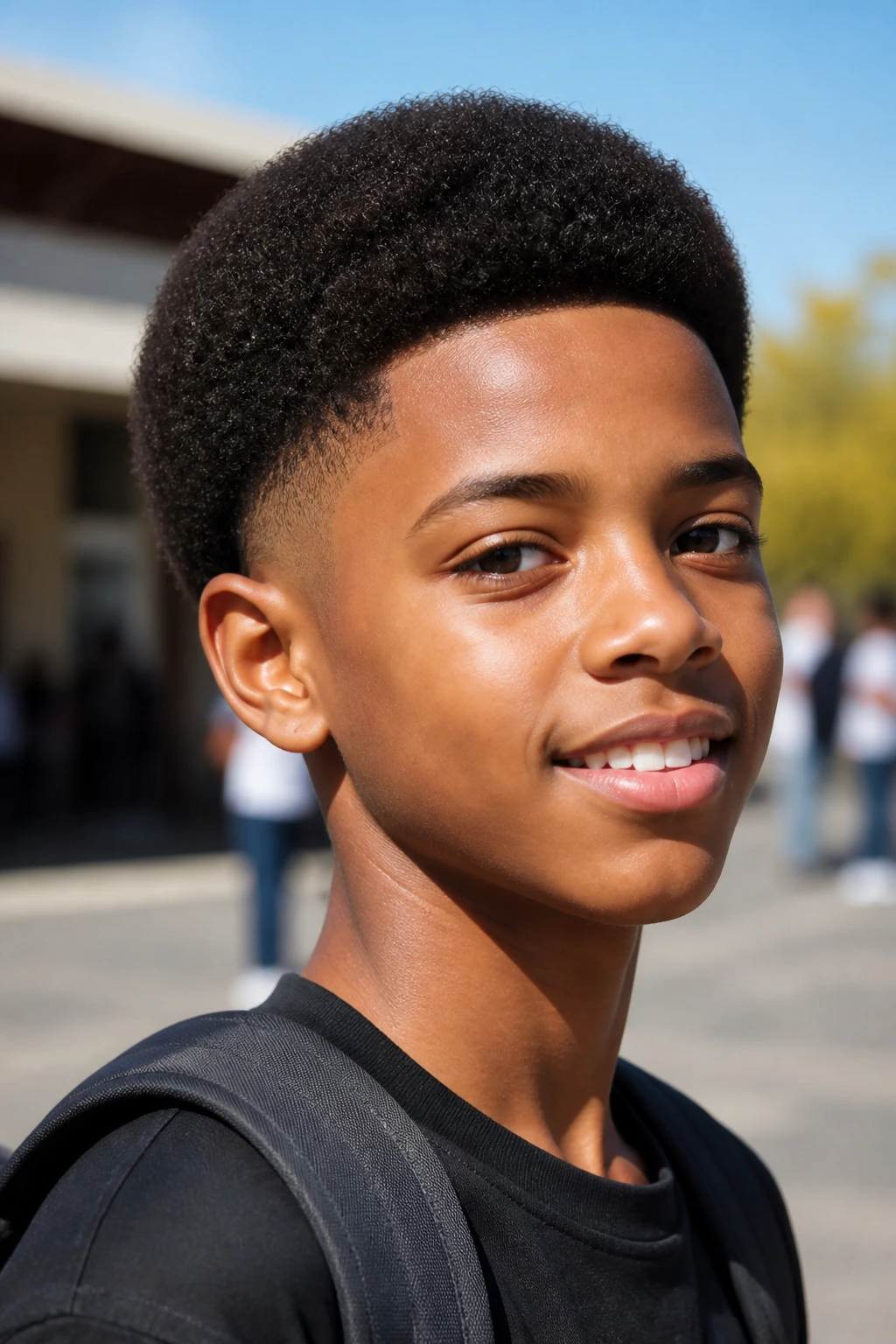 Close-up portrait of a real boy with an Afro taper haircut