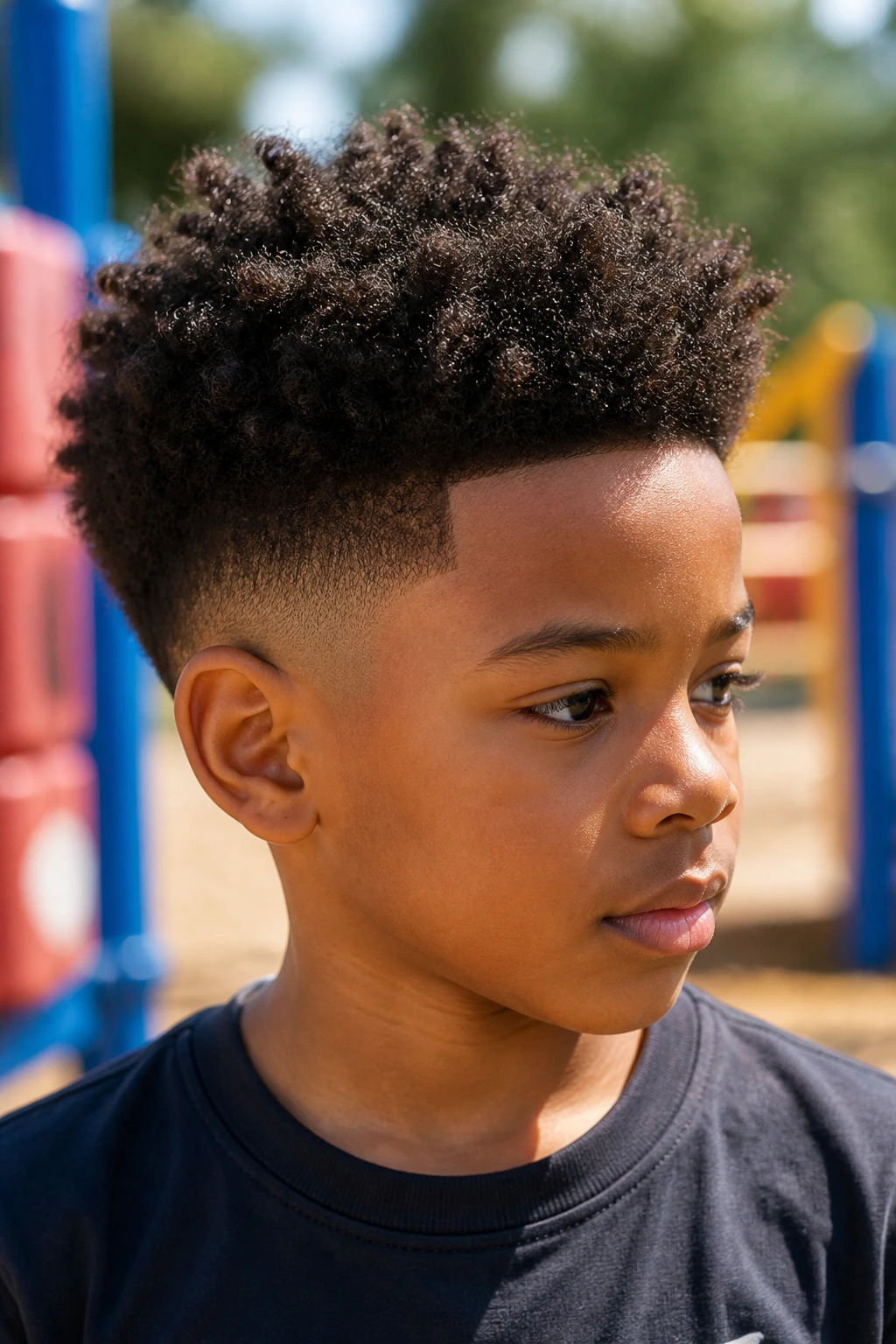 Close-up of a boy with afro taper fade hairstyle in outdoor setting