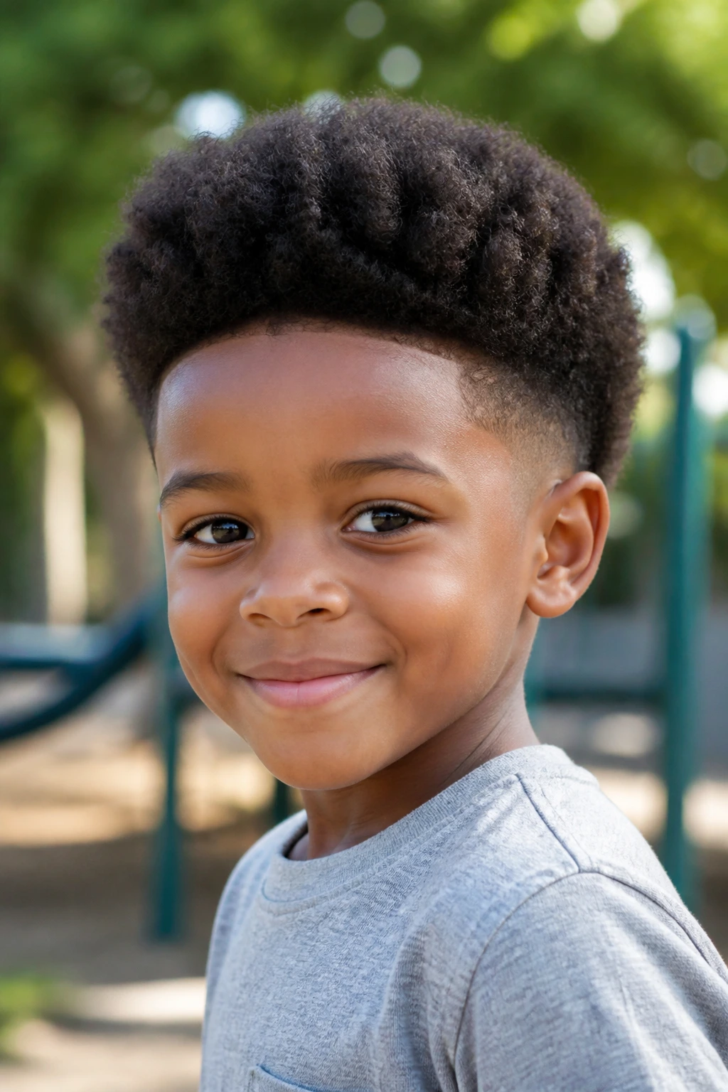 Close-up of boy with Afro Taper featuring rounded top and tapered sides.