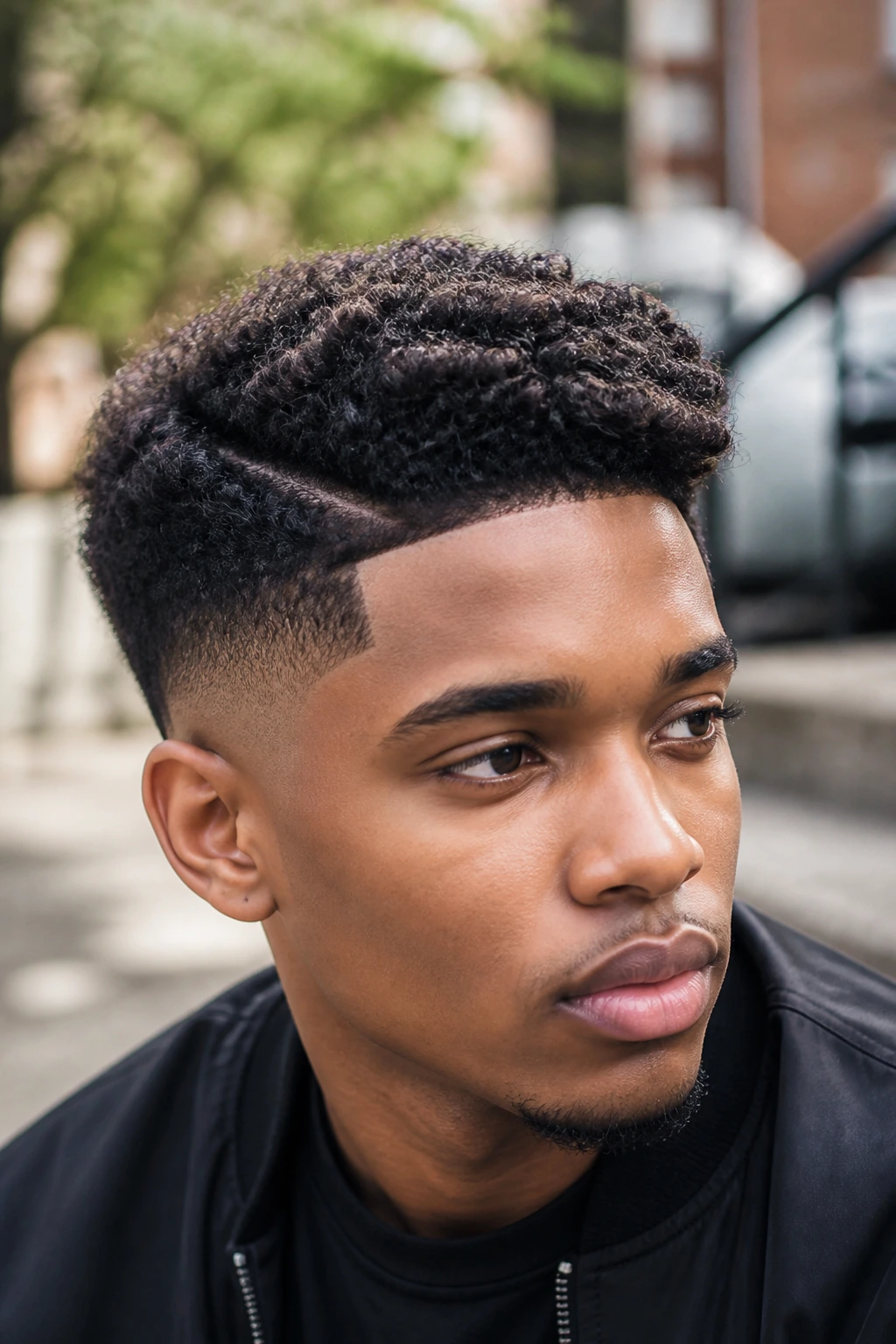 Close-up of a man with afro-textured comb over, defined coils and temple fade.