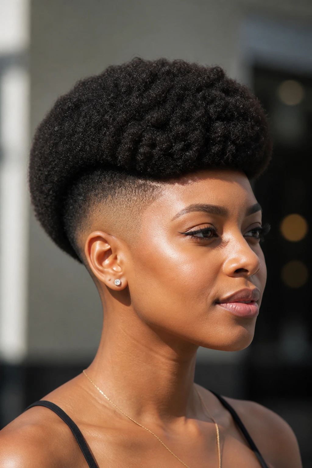 Portrait of a woman with a rounded Afro undercut in outdoor daylight