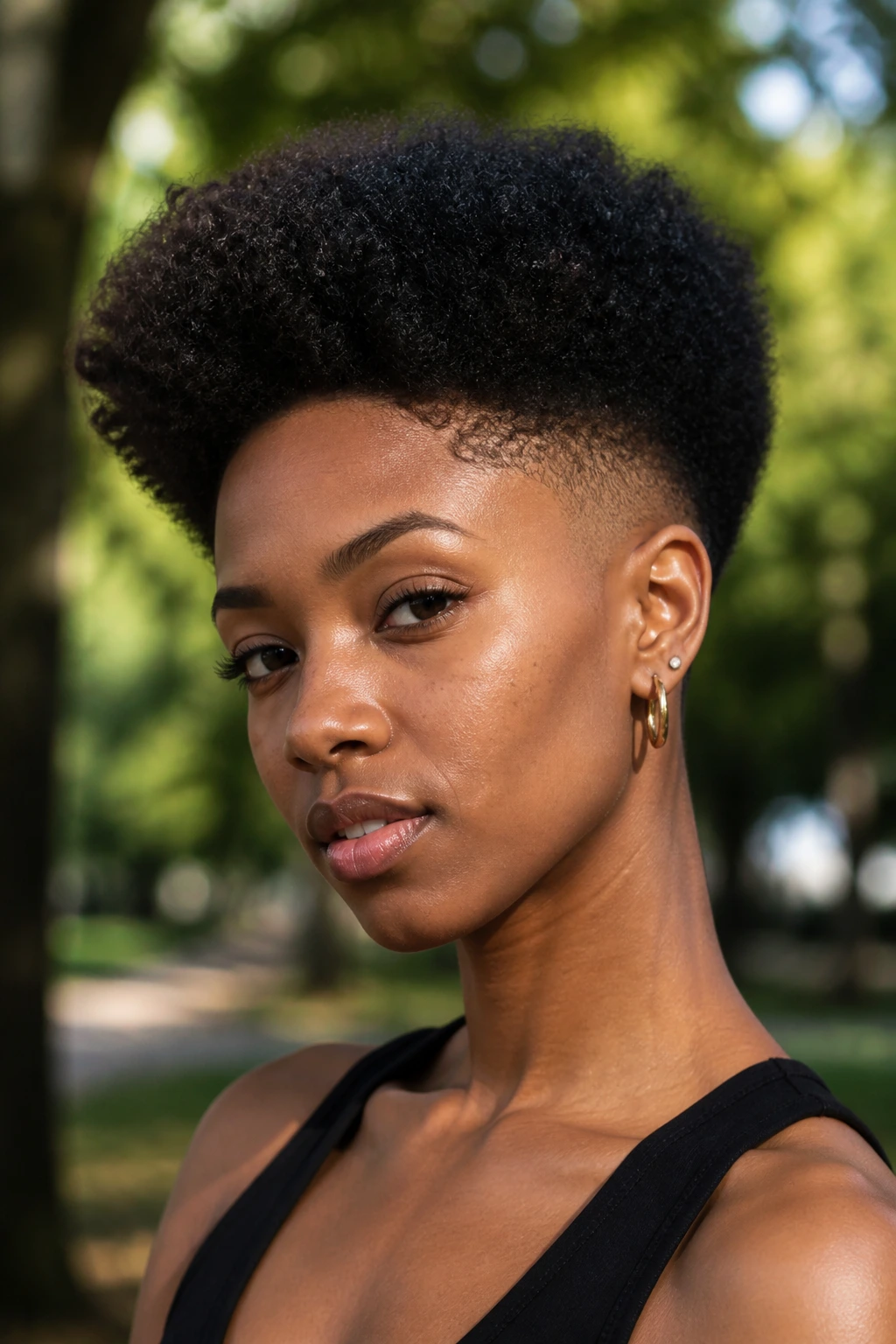 Portrait of a person with tapered Afro undercut in a park setting