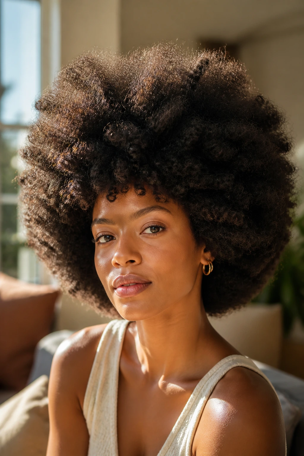 Close-up of a real person with a voluminous afro shape in natural light