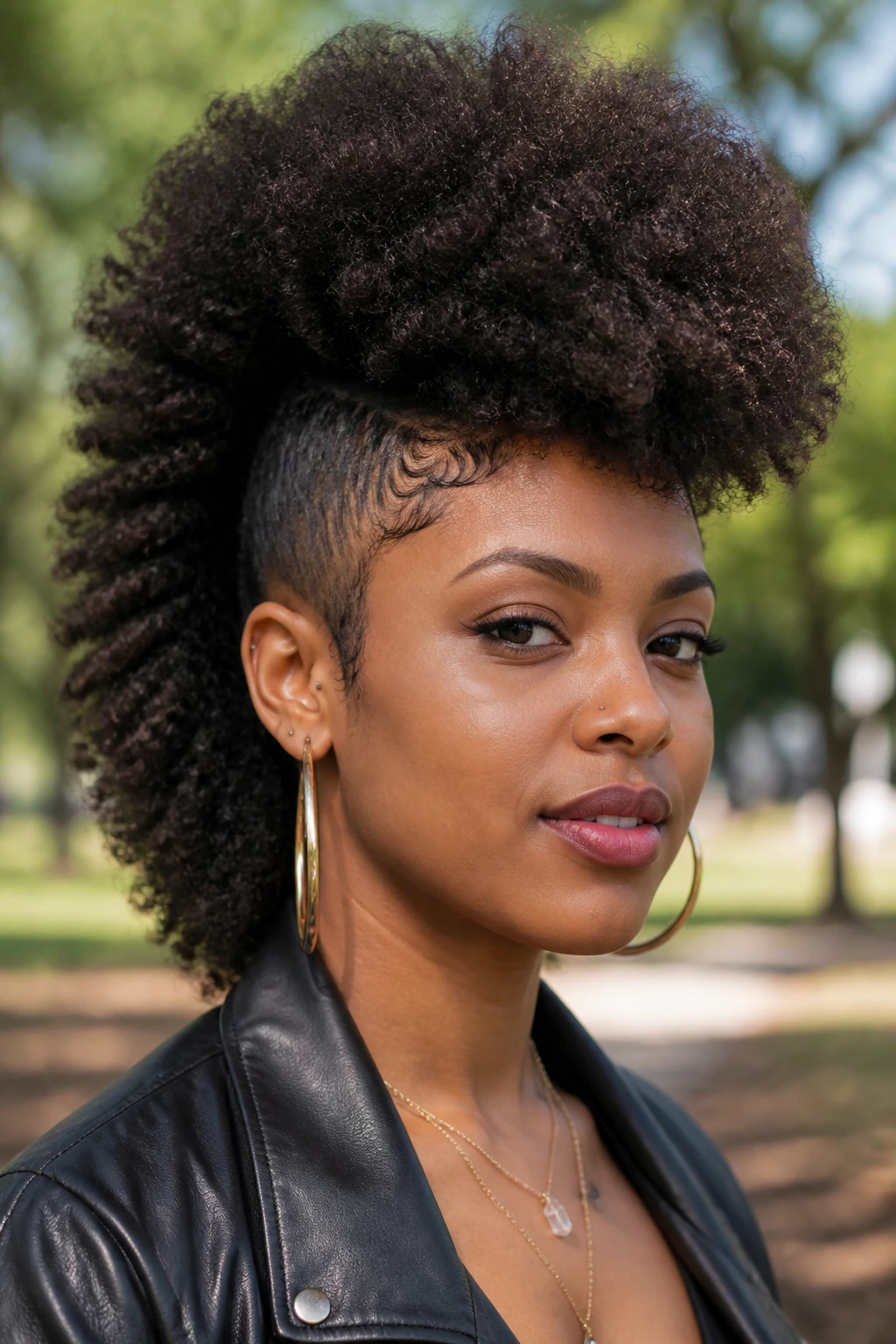 Close-up of a real woman with an Afrohawk hairstyle with high volume and sculpted silhouette