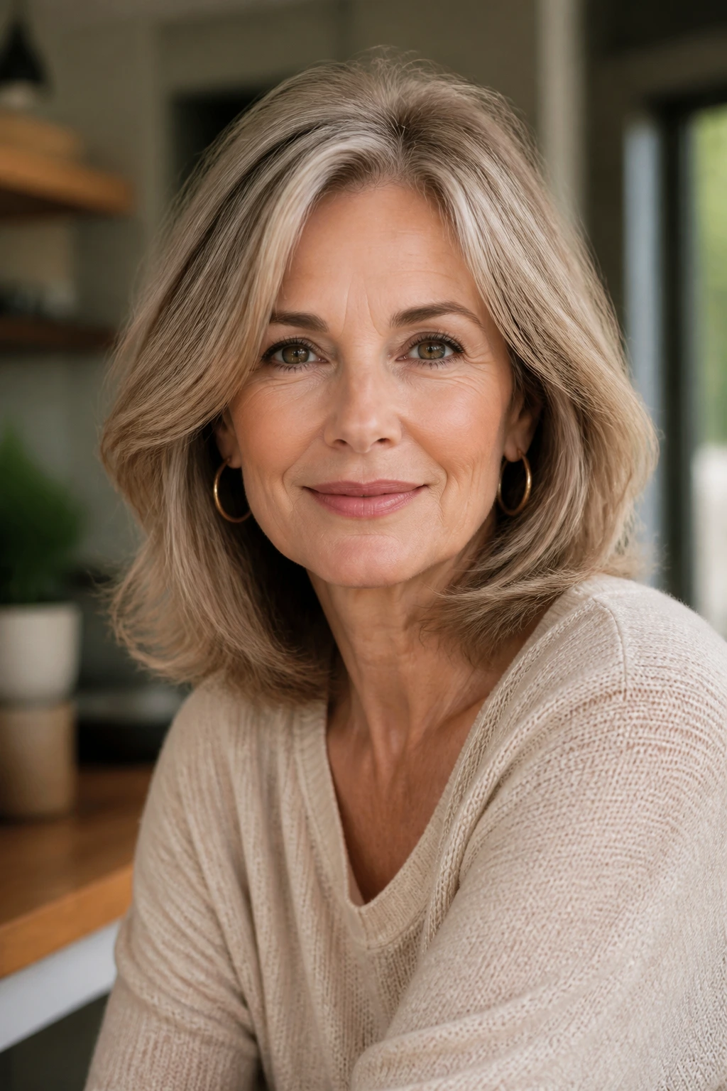 Real woman portrait with age-friendly mid-length hair framing the face