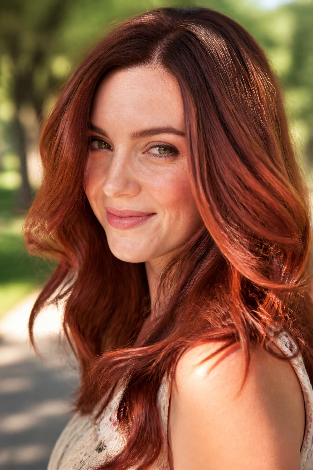 Close-up portrait of a real woman with deep red hair outdoors in soft light