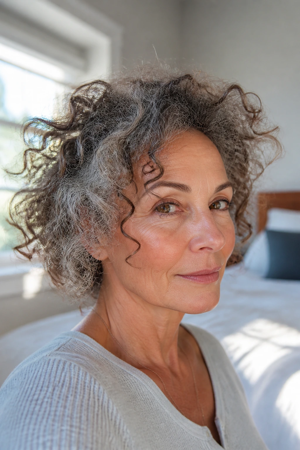 Real woman in her 50s with varied curl patterns and gray strands, portrait in soft morning light.