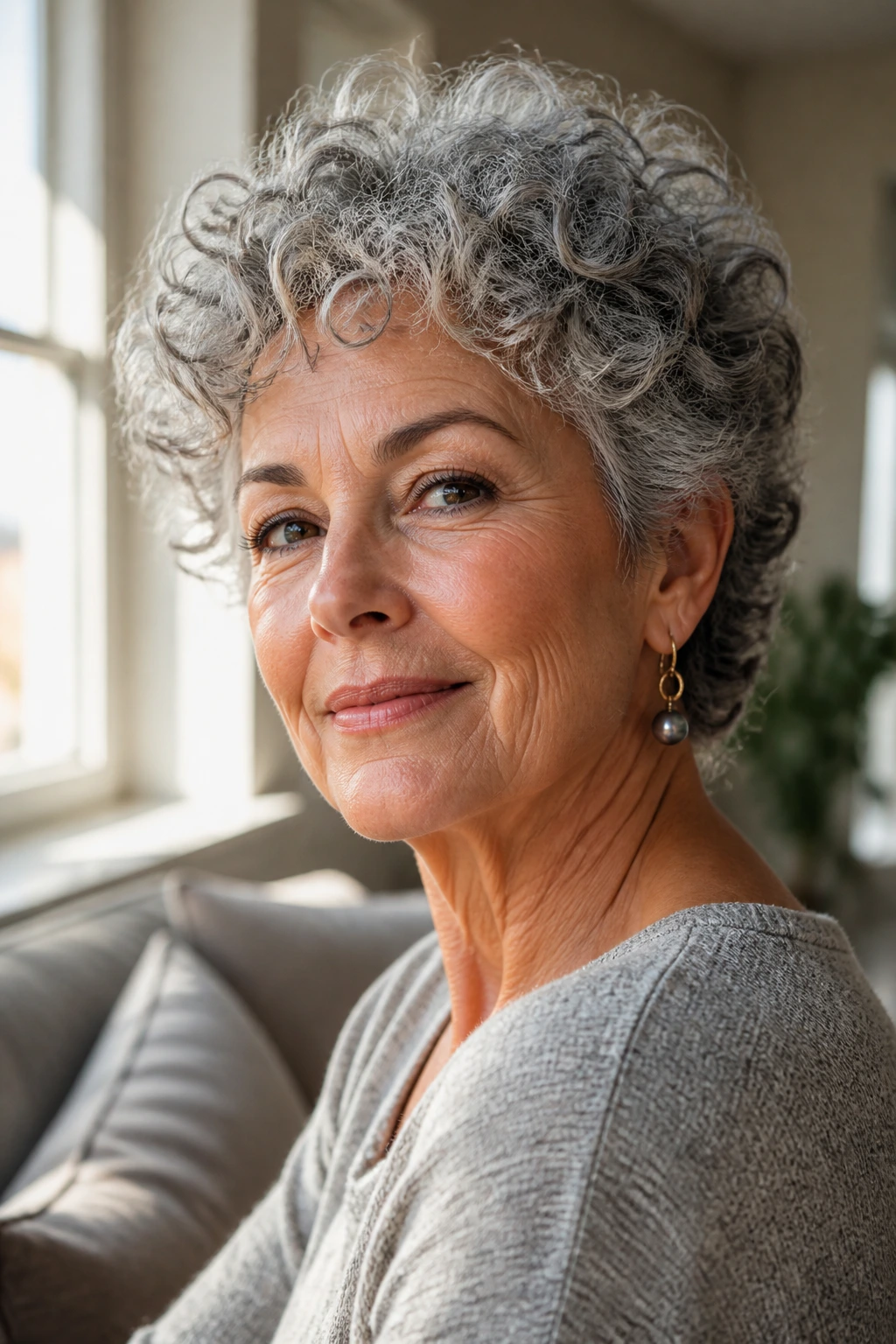 Close-up portrait of an elderly woman with curly silver-gray hair showing shrinkage and crown lift.