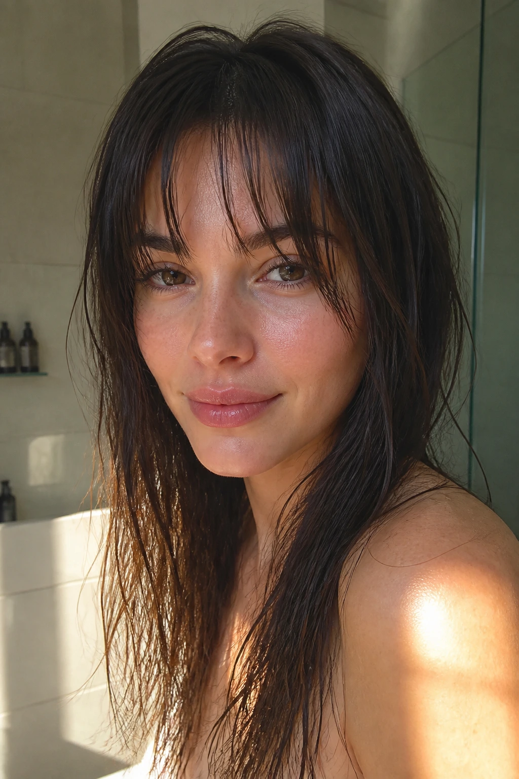 Close-up portrait of a real person with air-dried soft bottleneck bangs