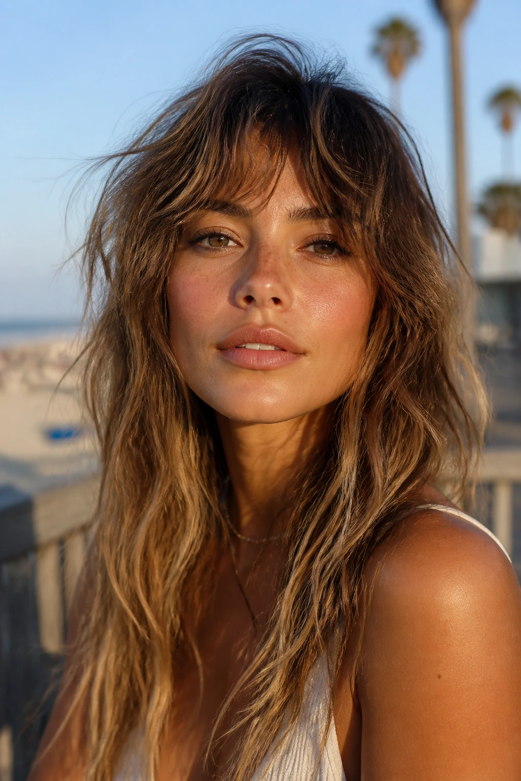 Portrait of a woman with air-dried beach shag and lifted fringe in sunlit setting