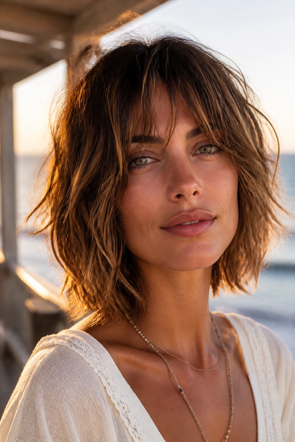 Close-up of a real person with air-dried beach shag and natural waves by the sea