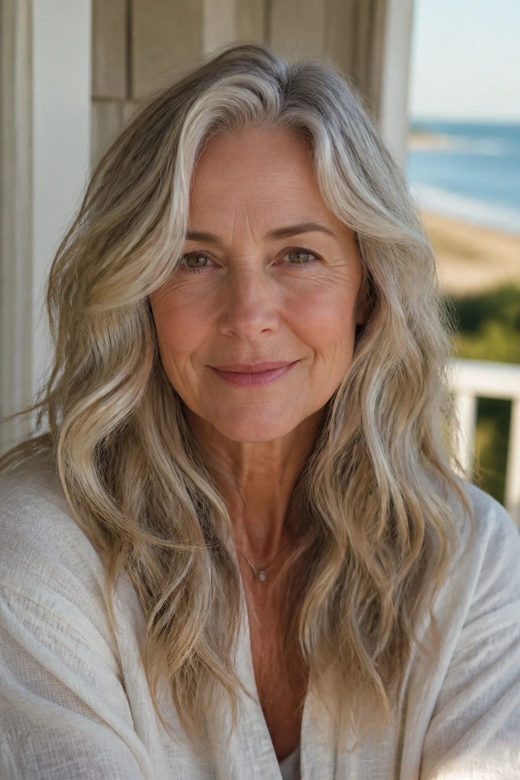 Real woman with air-dried beach waves outdoors.