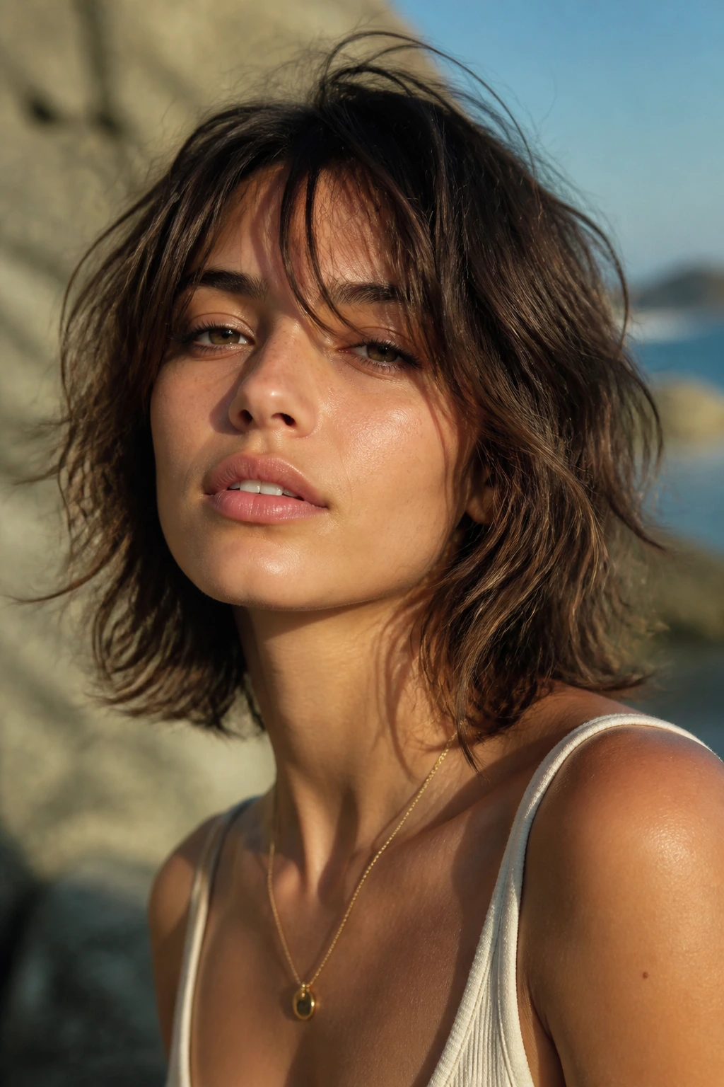 Close-up of a woman with Air-Dried Beachy Butterfly hairstyle in natural sunlight