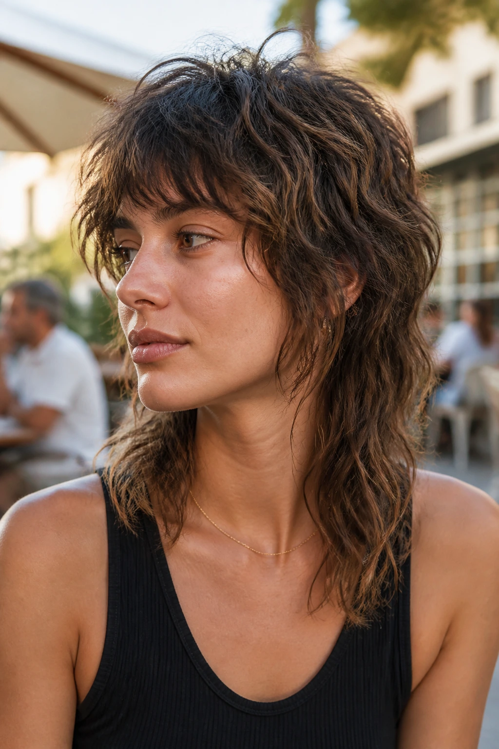 Close-up of real woman with air-dried beachy mullet in outdoor light