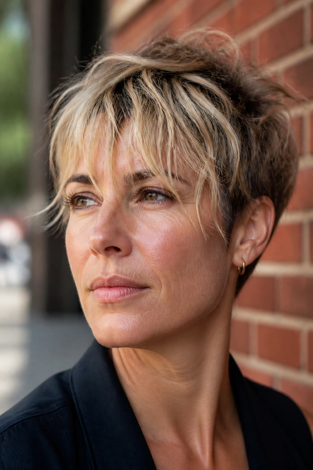 Close-up of a real woman with air-dried bedhead pixie in street light