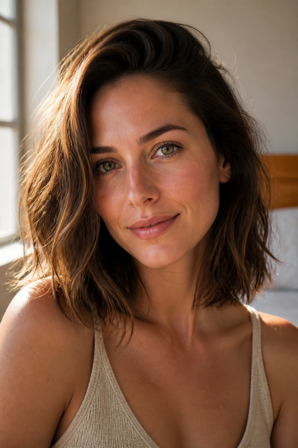 Real woman with shoulder-length air-dried bend and natural wave in warm bedroom light
