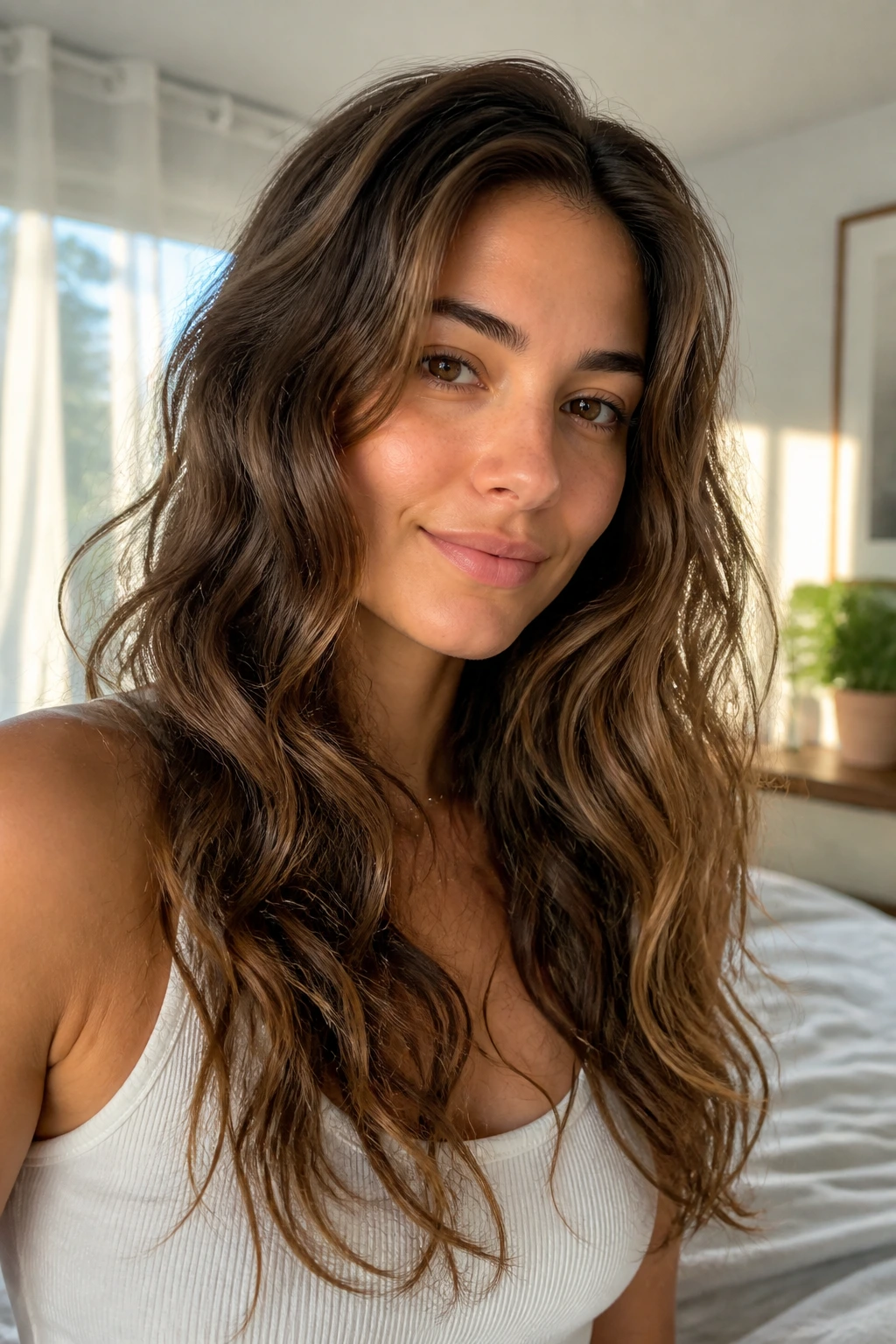 Close-up portrait of a real woman with air-dried bend waves in natural light.