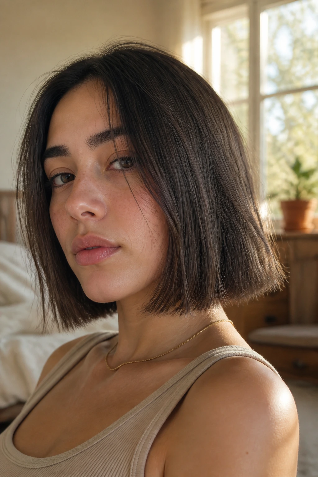 Close-up of a real woman with an air-dried blunt bob in a sunlit bedroom