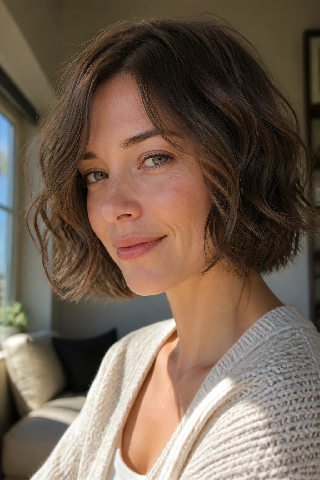 Portrait of woman with natural air-dried bob and gentle bends in sunlight.