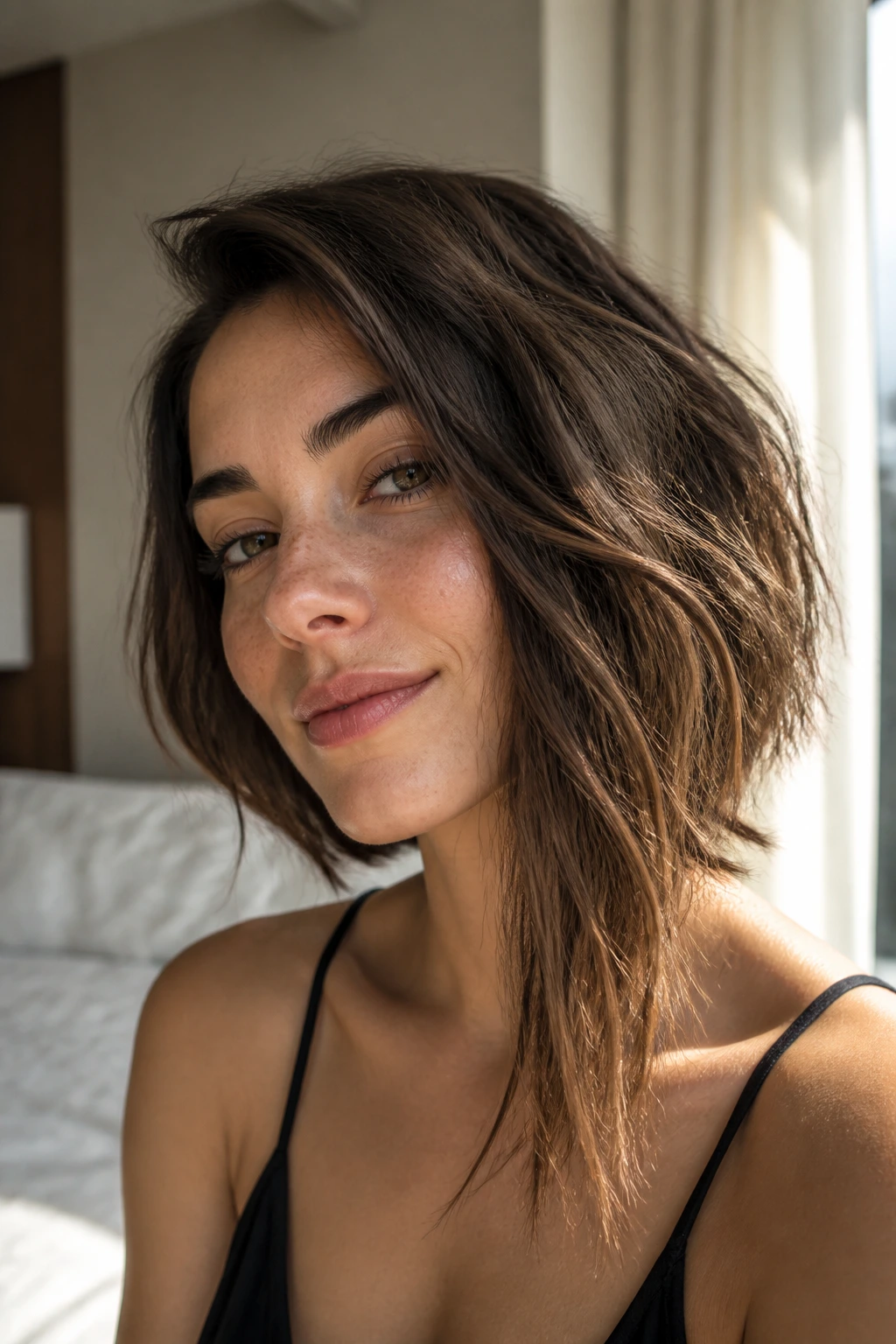 Close-up of a real woman with an air-dried asymmetrical bob showing natural texture