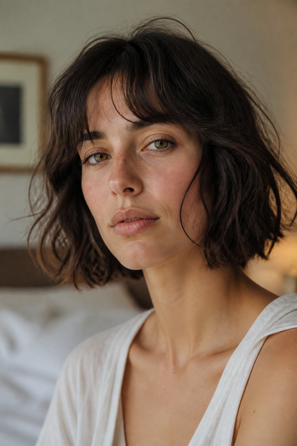 Portrait of a real woman with Air-Dried Bob With Split Fringe in natural light
