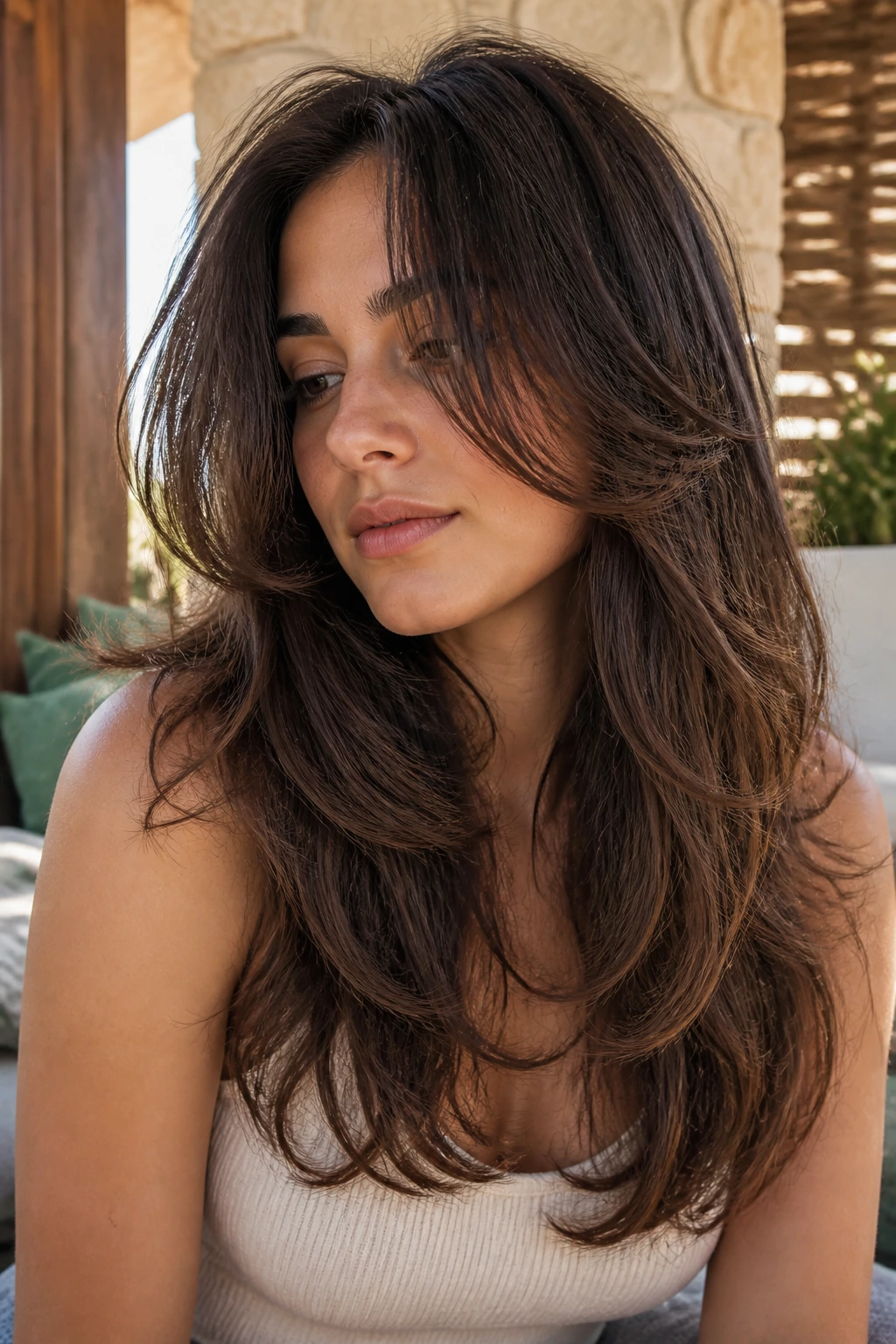 Close-up of a real woman with natural-bent air-dried butterfly shag.