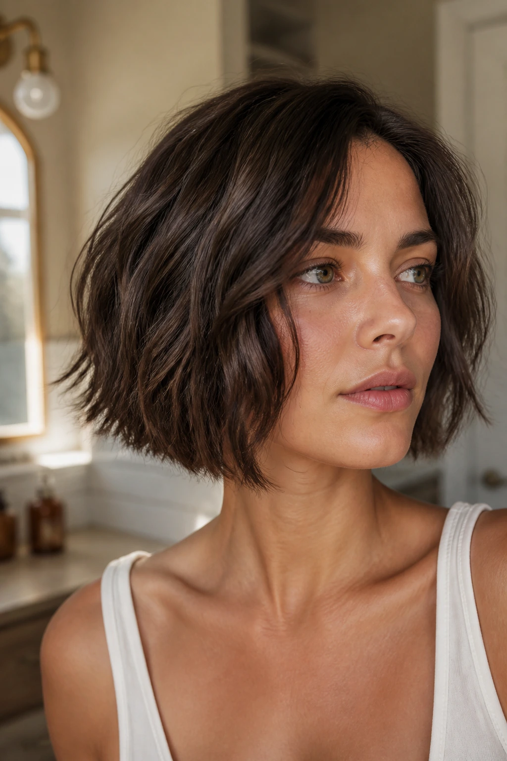 Close-up of a woman with an air-dried choppy bob in natural light