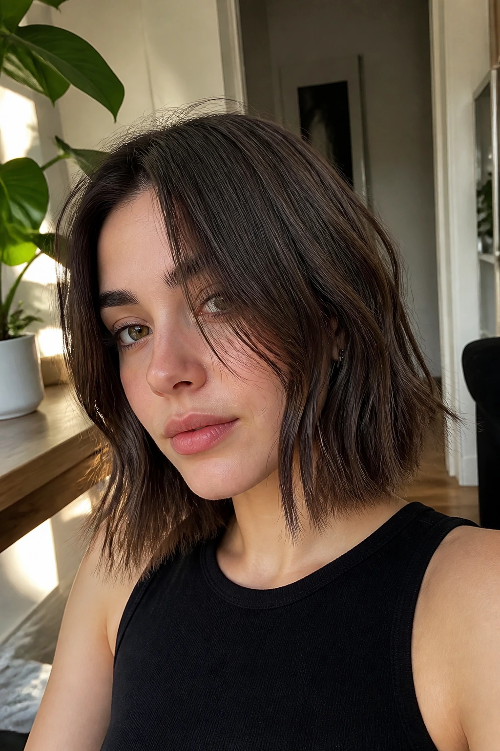 Close-up of a real person with a choppy lob and natural bend