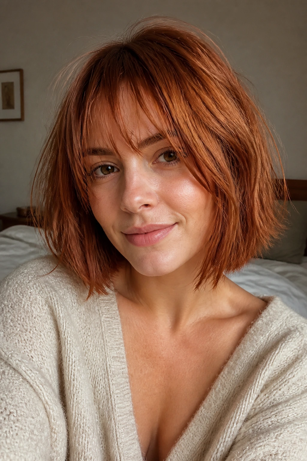 Close-up of a real woman with an air-dried copper bob in a softly lit bedroom