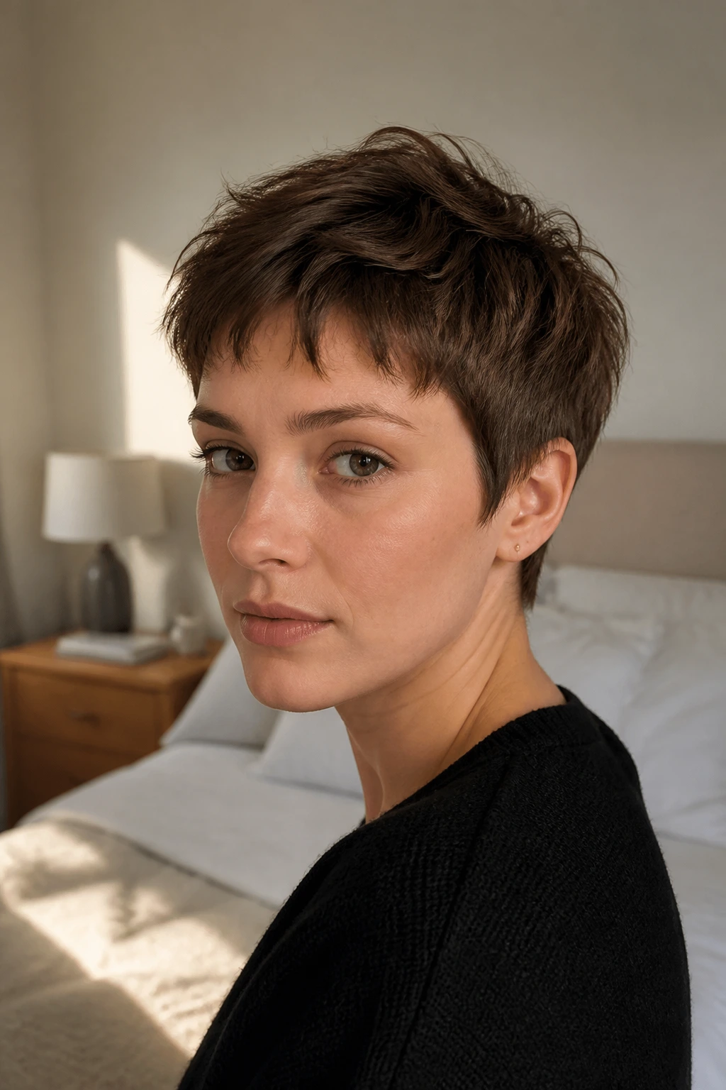 Close-up portrait of a real person with an air-dried crop in a cozy room