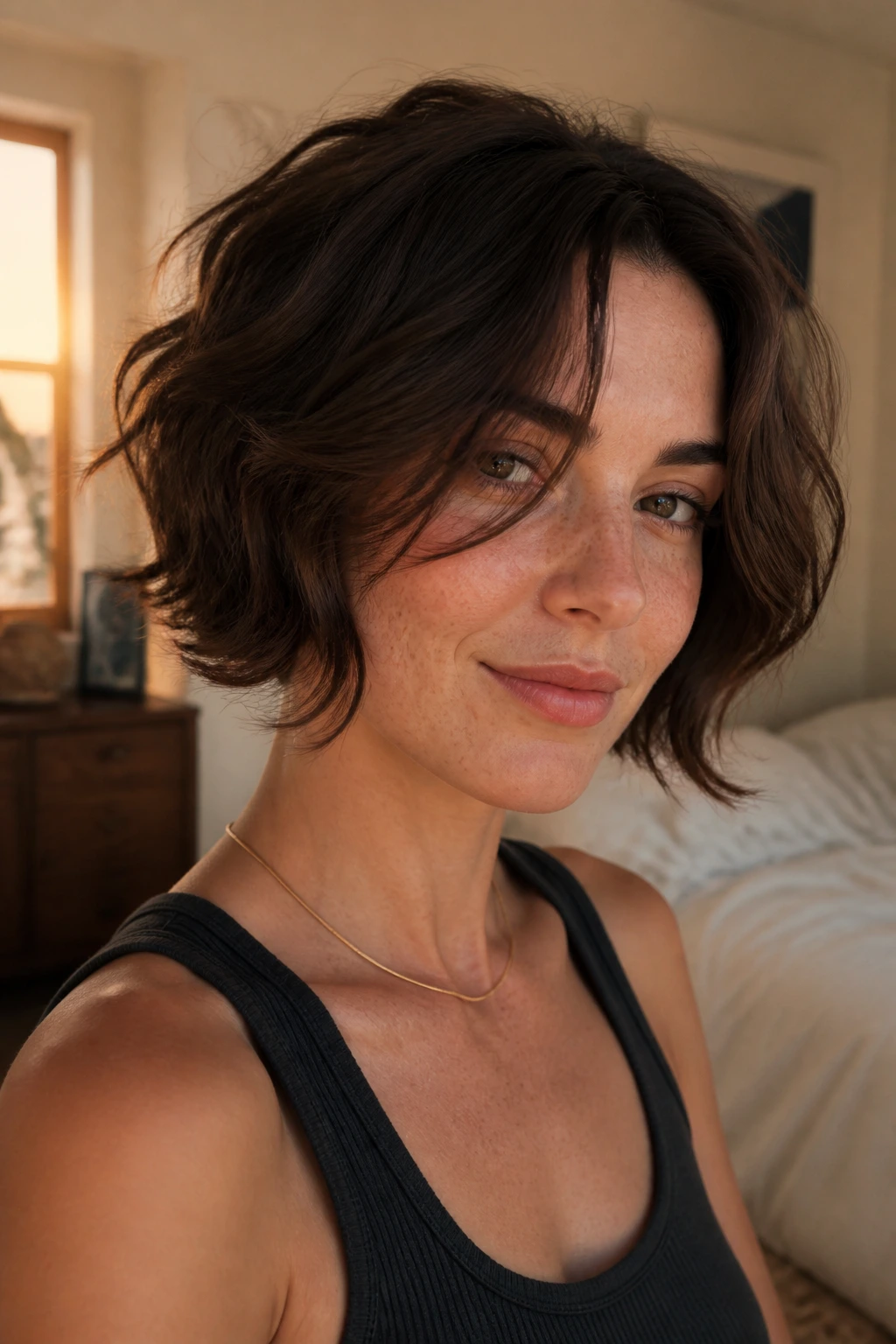 Close-up portrait of a real woman with a soft air-dried face-framing crop in warm window light