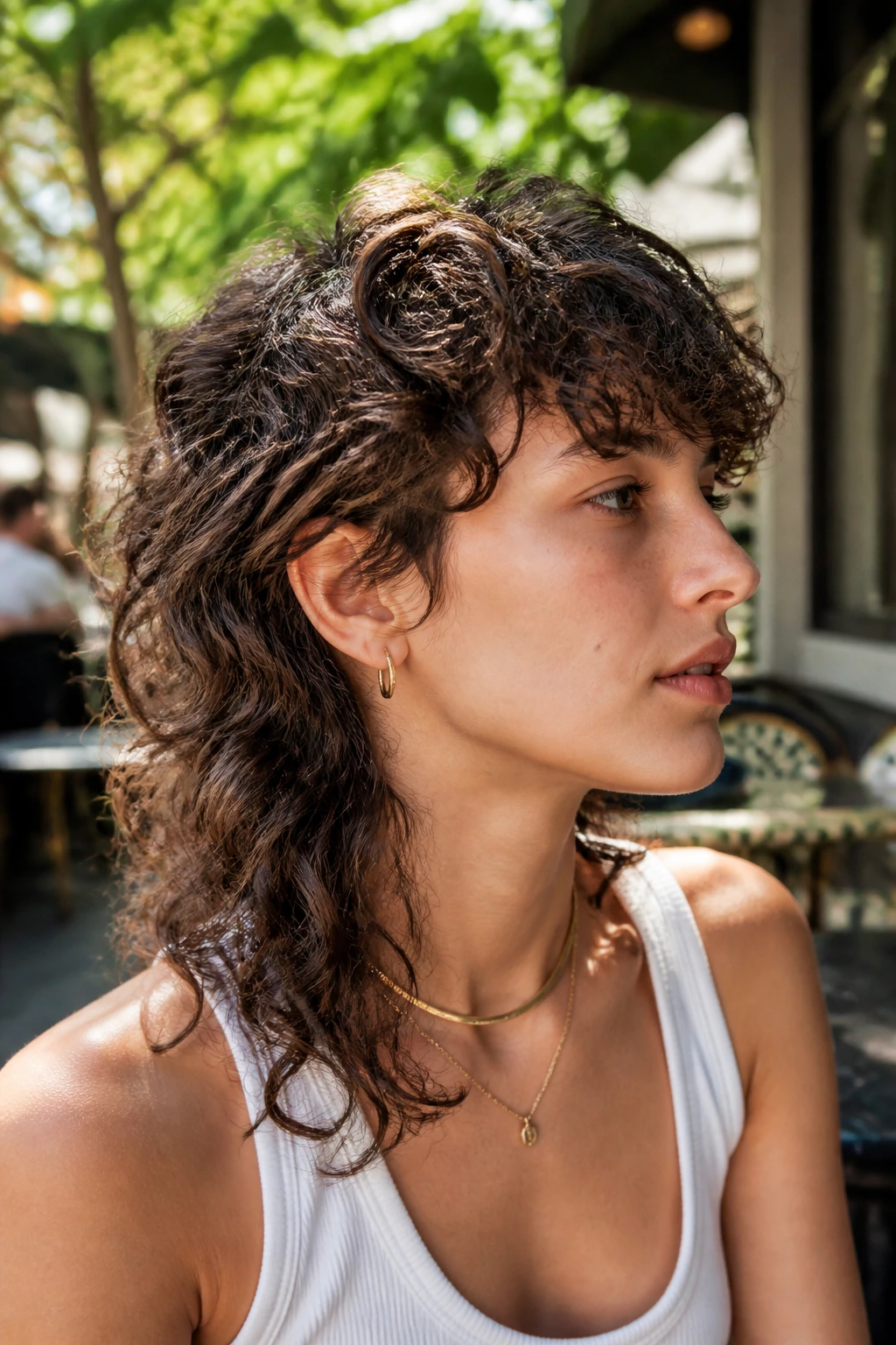 Real person with air-dried curl mullet and defined curl pattern