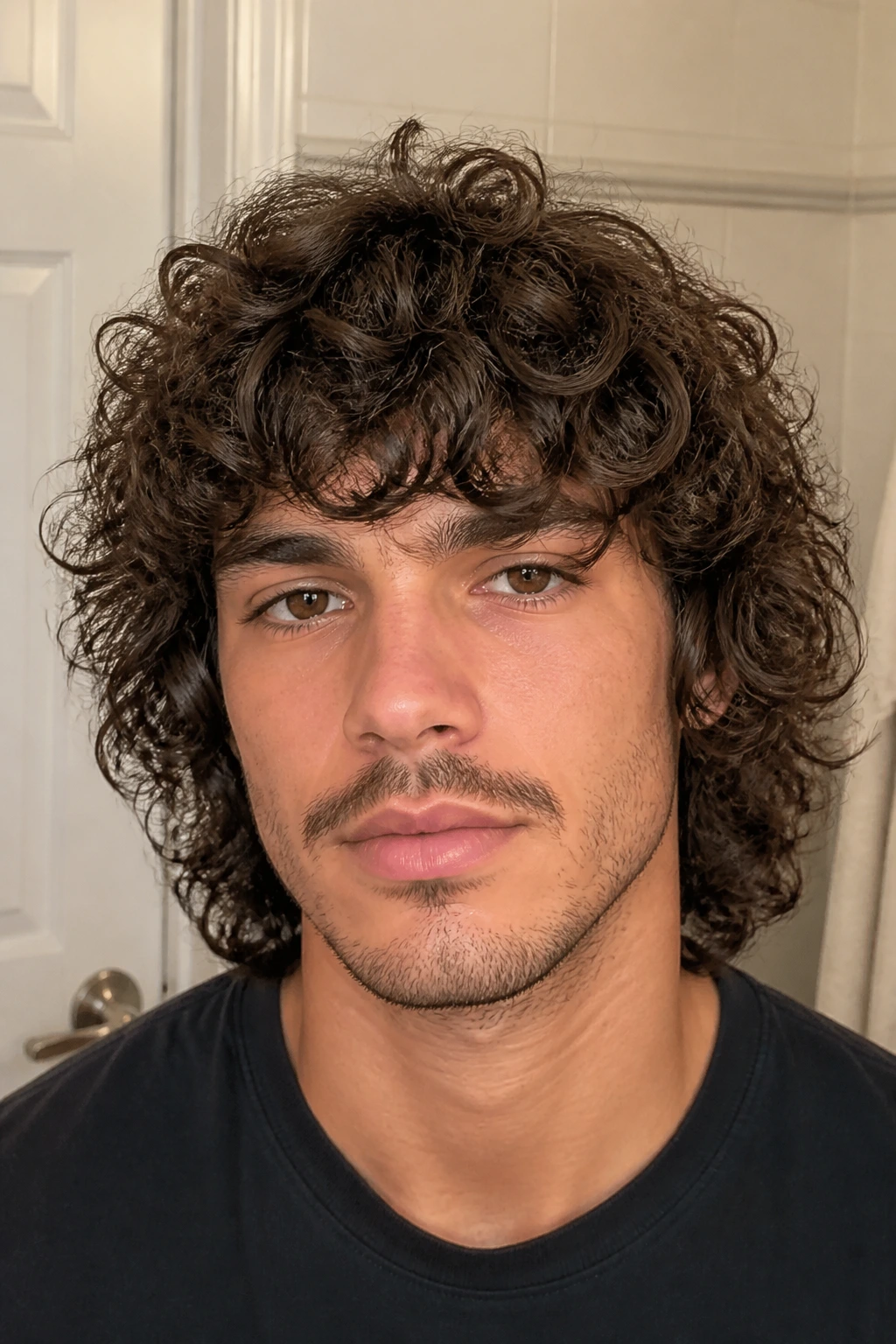 Close-up portrait of a real man with air-dried curly shag in a bathroom setting