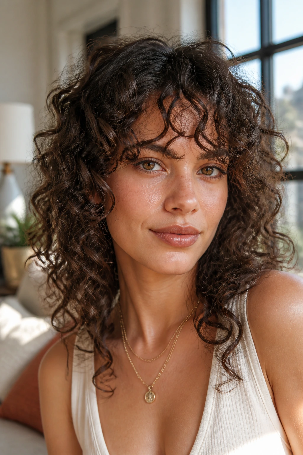 Real woman with air-dried curly fringe under natural light