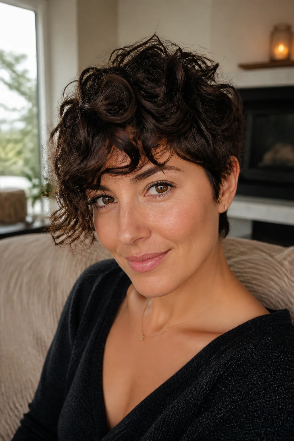 Close-up of air-dried curly crop with diagonal fringe on a real person