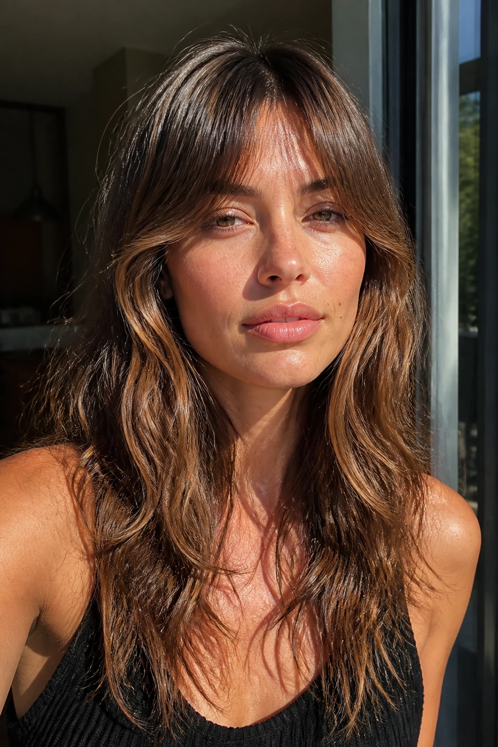 Air-dried curtain bangs variation on a real woman in natural light