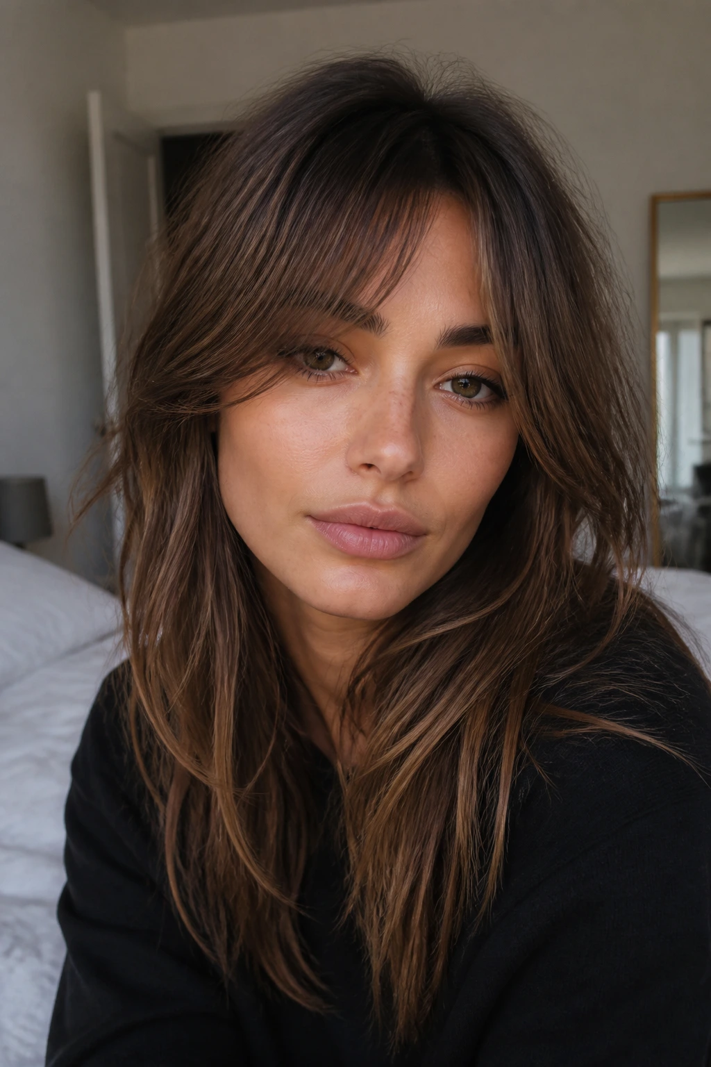 Close-up of a real woman with air-dried curtain fringe center-parted