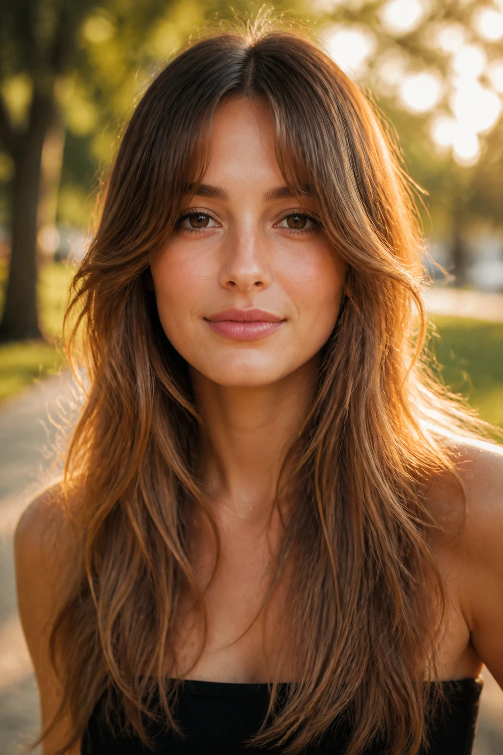 Close-up of a real person with air-dried curtain fringe and long layers in golden hour light.