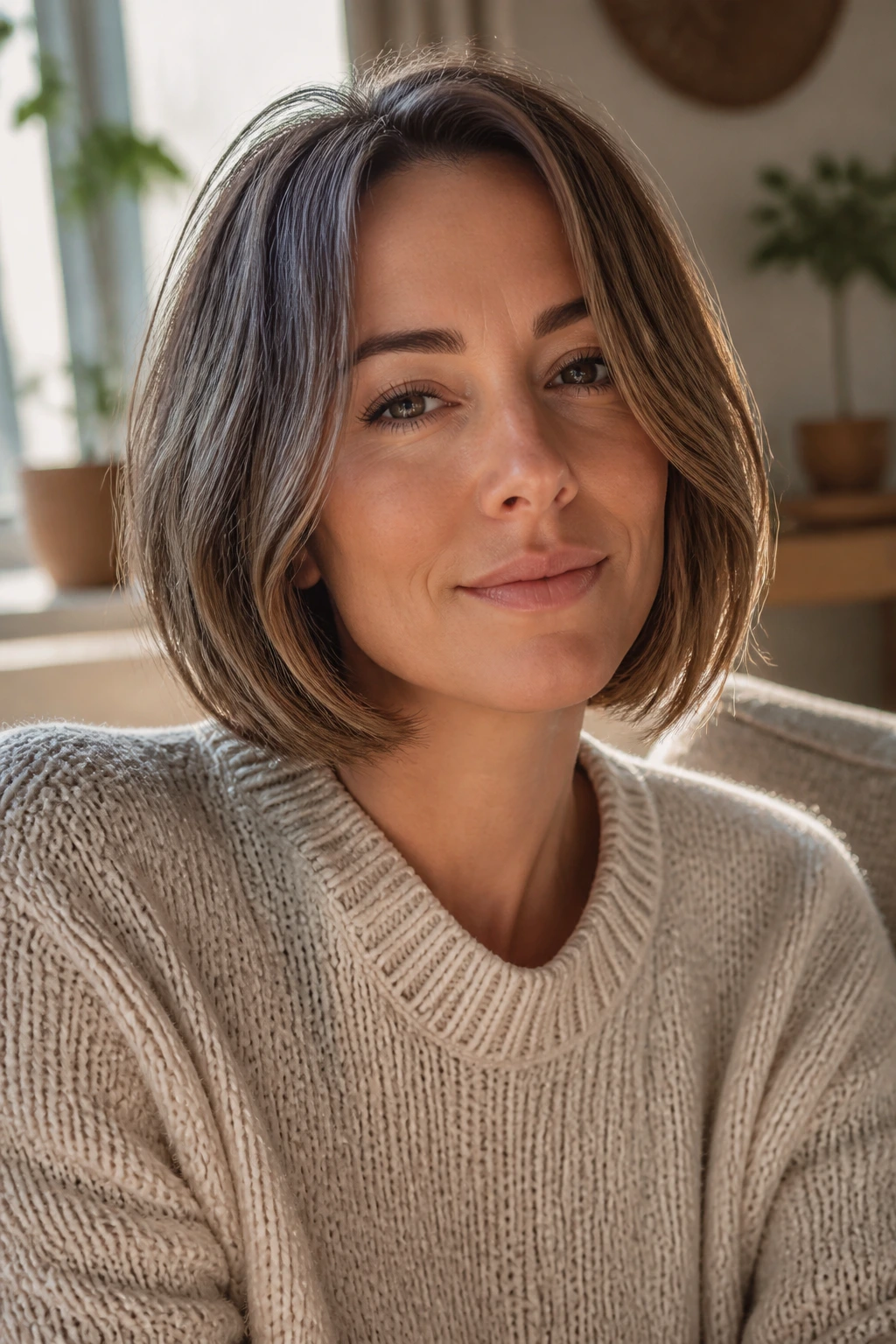 Close-up portrait of a real woman with an air-dried curved bob